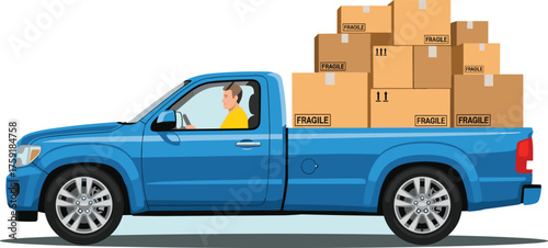 Blue Pickup Truck Transporting Fragile Boxes for Moving Delivery in Suburban Environment, Cartoon Style Illustration for Logistics Company Presentation and Relocation Advertising, Transportation of Go