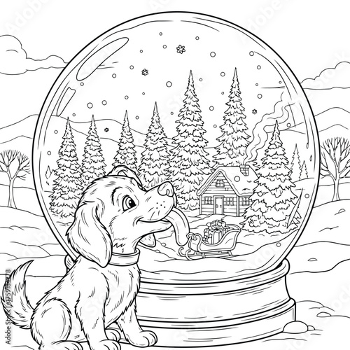 Vector art of dog looking at a snow globe with a winter cabin and forest scene inside