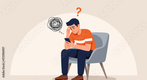 Pensive Man Using Smartphone in Modern Interior - Contemplating Complex Issues, Experiencing Anxiety, Seeking Solutions Online - Mental Health Concept Illustration for Presentations and Digital Market