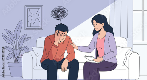 Concerned Man in Therapy Session Sharing Anxieties with Empathetic Therapist in Counseling Setting, Navigating Mental Health, Stress Management, and Emotional Wellness with Psychological Support, Mode