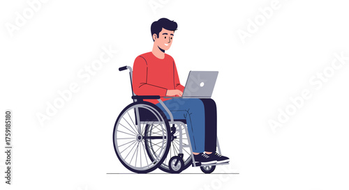 Smiling Man with Disability Working on Laptop in Wheelchair at Home, Remote Work Accessibility, Inclusive Technology for Communication, Equality, Healthcare, Education, Business, Modern Illustration D