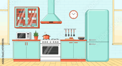 Retro Kitchen Scene Illustration Interior Design with Appliances for Home Improvement Presentation (198/200) Decor Project, Featuring Vintage Refrigerator, Oven, and Cabinets in Teal and Coral for Bro