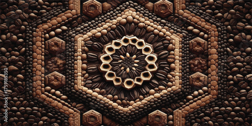 A background texture featuring a hexagonal pattern crafted from arranged black coffee, creating a visually appealing and unique design.