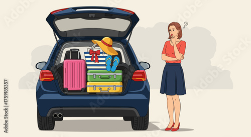 Puzzled Woman Packing Car Trunk for Summer Vacation Trip, Contemplating Travel Logistics near Vehicle Filled with Luggage, Bags and Beach Gear, Cartoon Illustration for Lifestyle, Travel, and Holiday