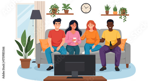 Diverse Friends Relaxing at Home Watching TV Together in Living Room with Modern Interior Design, Enjoying Leisure Time, Bonding Over Entertainment, Recreation and Television Viewing, Ideal for Lifest