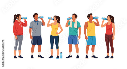 Active People Hydrating After Workout: Diverse athletic group drinking water in gym, promoting wellness, fitness, healthy lifestyle, hydration, thirst-quenching, exercise recovery, wellness, vector il