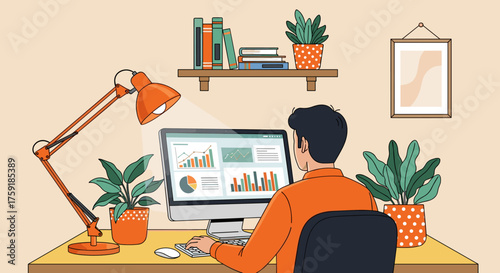 Young Professional Analyzing Business Data on Computer in Home Office - Remote Work, Data Visualization, Modern Workplace, Financial Analysis, Chart Review, Desk Setup, Orange Lamp, Book Shelf,  Innov