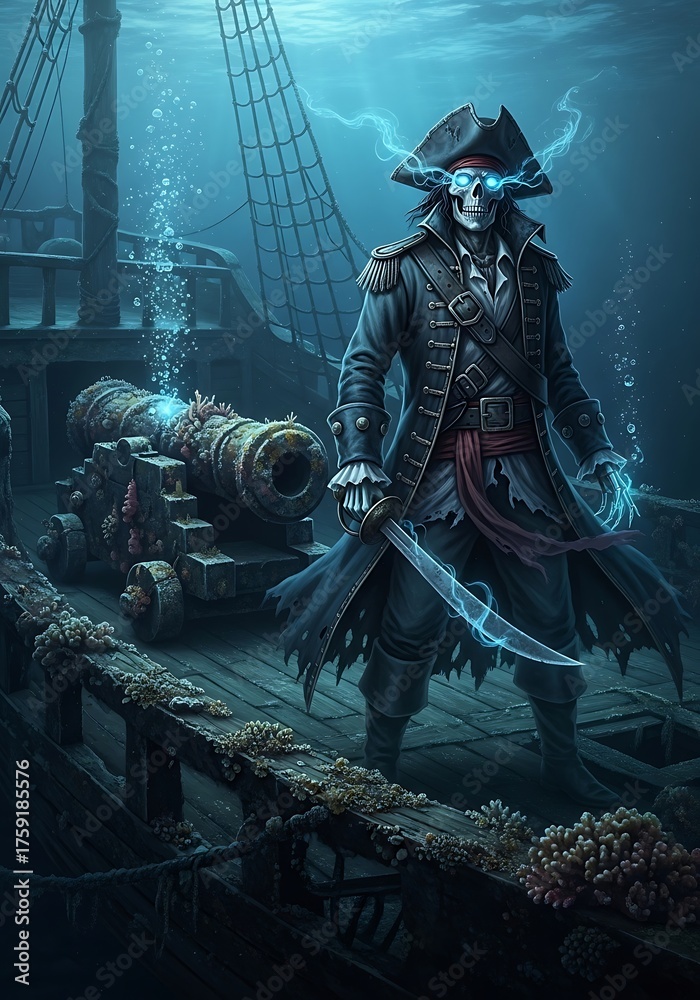 Naklejka premium Pixelated Skeleton Pirate Captain With Glowing Blue Eyes On A Sunken Ship Deck