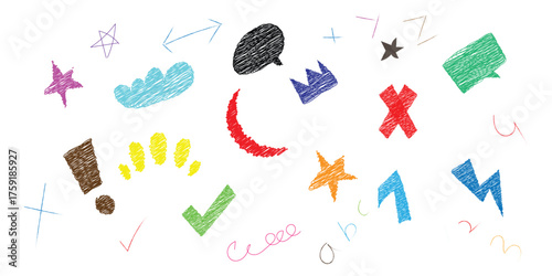 Colorful Crayon Doodle Elements Mega-Set: Hand-Drawn Collection of Rough Texture Stars, Arrows, Talk Bubbles, Checkmarks, Crosses, Weather Icons, and Abstract Shapes for Kids' Design and Fun 