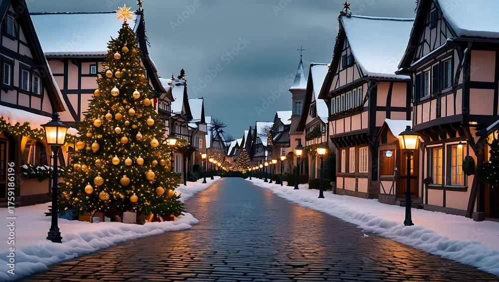 Fototapeta premium Festive Christmas Village Street with Decorated Tree and Snowy Cobblestone Road