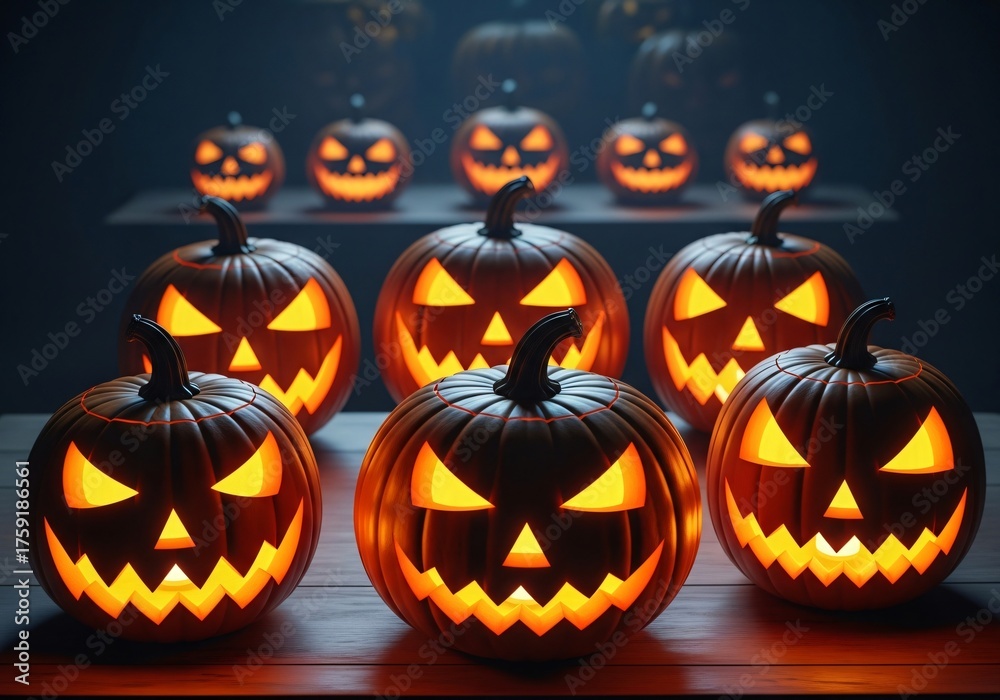 Fototapeta premium Group of carved halloween pumpkins with glowing faces at night