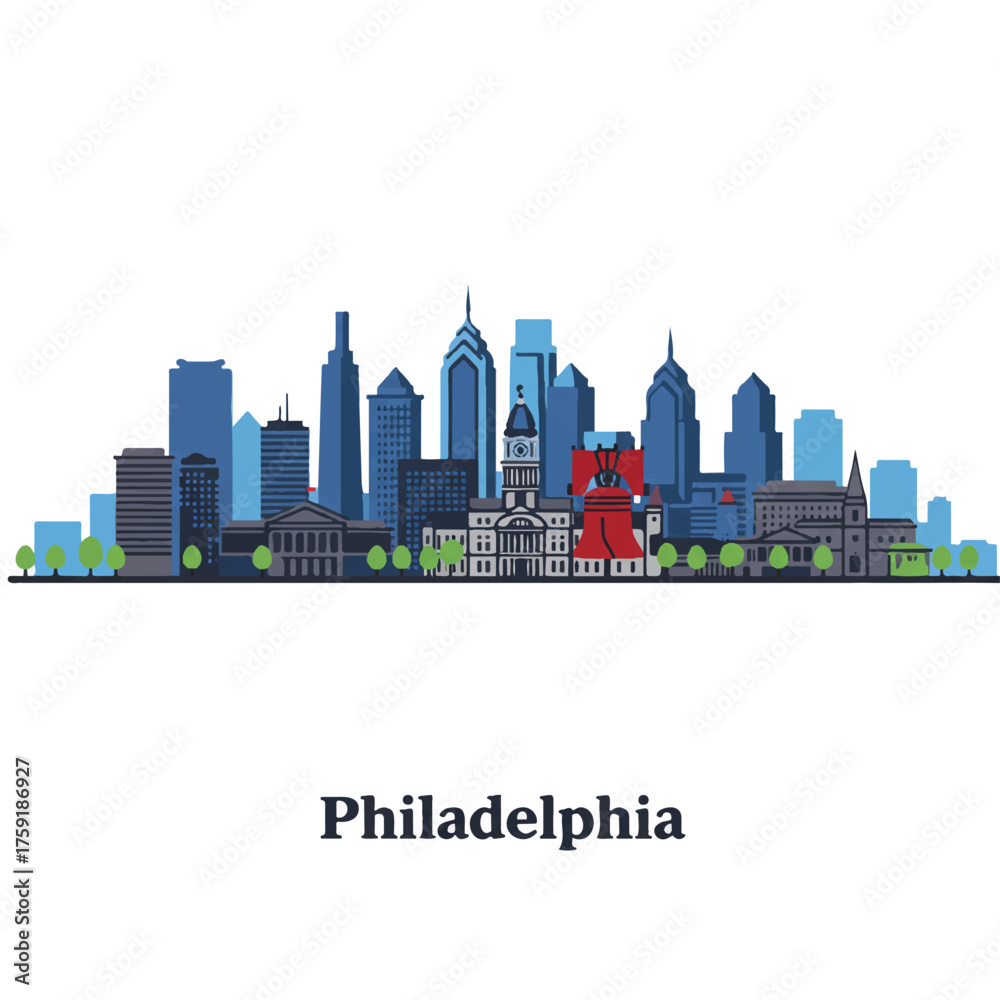 Naklejka premium Iconic Philadelphia skyline is depicted in a clean 2D flat vector illustration, showcasing its famous skyscrapers set against a plain white background.