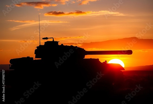 A shadowed tank silhouette against a fiery sunset,  threat,  horizon
