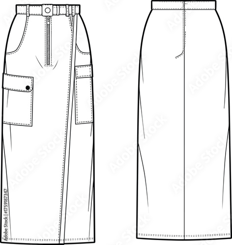 Midi skirt technical fashion sketch, front and back view, CAD drawing, flat vector illustration,