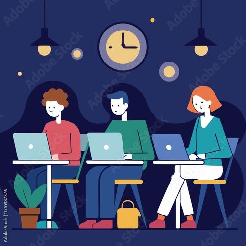 entrepreneurs working late with laptops