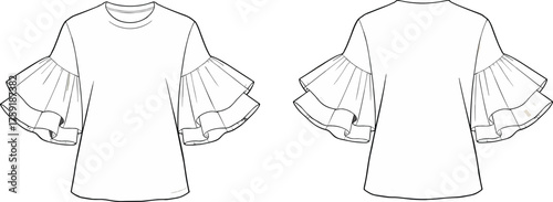 Ruffled sleeve women's top fashion sketch, front and back view, CAD drawing, flat vector