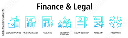 Finance & Legal banner web icon vector illustration concept with icon of legal compliance, financial analysis, valuation, competitive advantage, insurance policy, agreement
