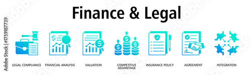 Finance & Legal banner web icon vector illustration concept with icon of legal compliance, financial analysis, valuation, competitive advantage, insurance policy, agreement
