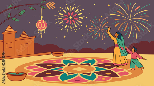 Indian Peninsula Festival of Lights Celebration with Rangoli and Fireworks Vector