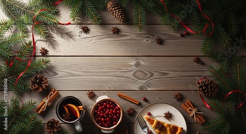 A festive Christmas scene with mulled wine, cranberries, cinnamon sticks, and a slice of pie, framed by pine branches and pinecones.
