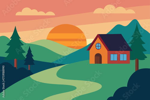 Cozy house on a hillside at sunset with winding path