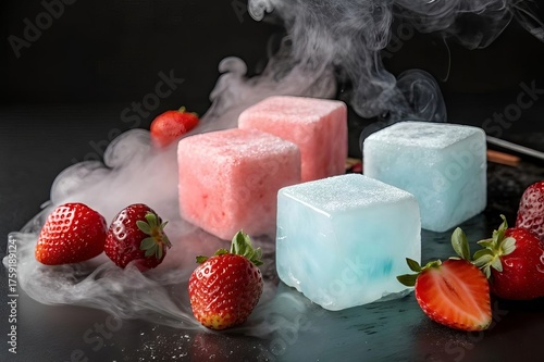 Colorful Ice Cubes with Fresh Strawberries and Cold Smoke on Dark Background.
