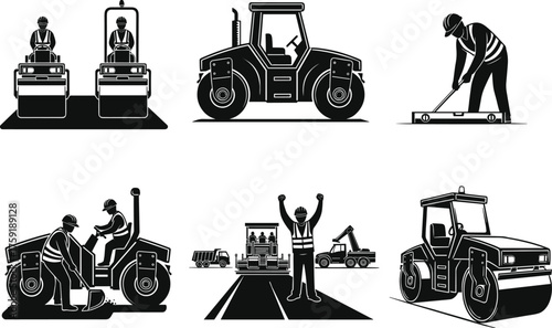 Black and White Icon Set of Road Workers and Paving Equipment, Including Steamrollers and Asphalting Operations, Construction Industry Vector Silhouettes.