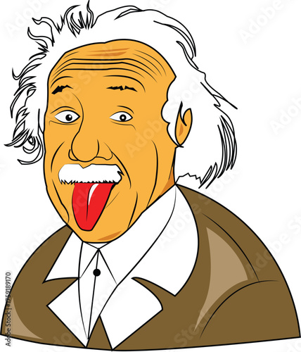 Whimsical cartoon portrait of a brilliant mind expressing playful humor with a sticking out tongue, embodying eccentric genius and scientific curiosity
