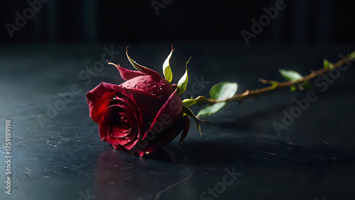Single red rose lying on dark wooden table with moody lighting