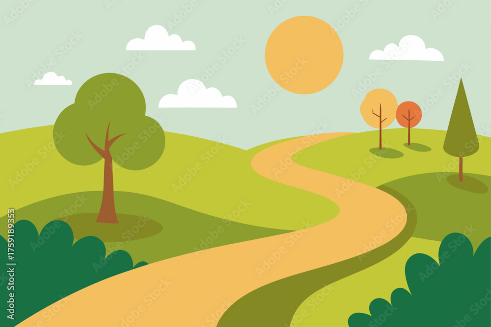 Fototapeta premium Stylized landscape with a winding path trees and clouds under a sunny sky