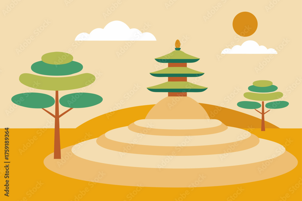 Fototapeta premium Stylized pagoda temple landscape with trees and sun