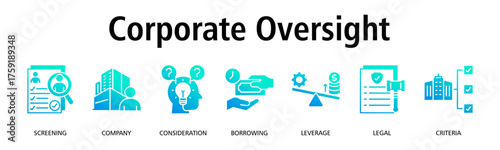 Corporate Oversight banner web icon vector illustration concept with icon of screening, company, consideration, borrowing, leverage, legal, criteria
