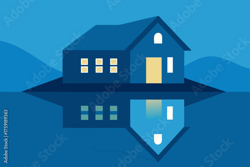 Minimalist blue house reflected in calm water at dusk