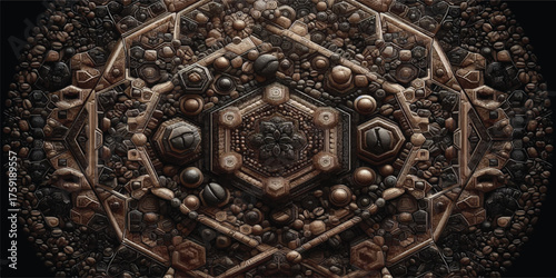 A detailed background texture crafted from arranged black coffee beans, forming a unique hexagonal pattern.