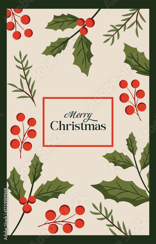 Merry Christmas Vector Illustration with Holly and Berries.