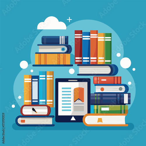 flat vector concept of digital library with tablet.eps