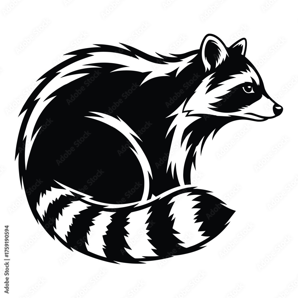 Fototapeta premium Intense raccoon portrait with distinctive mask and ringed tail animal art silhouette