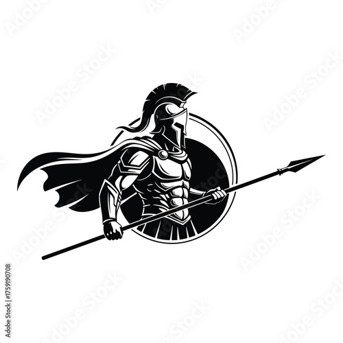 Spartan warrior emblem majestic helmet cape spear shield ancient history warrior symbol silhouette