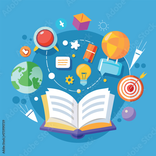 flat vector illustration of open book with flying .eps