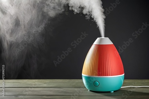 Colorful Electric Air Humidifier with Steam on Wooden Table against Dark Background.