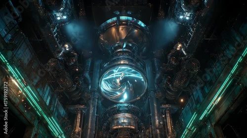 Futuristic, industrial interior with glowing blue energy core
