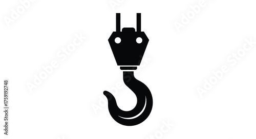 A stark black silhouette of a heavy duty industrial crane hook and pulley system against a white background silhouette