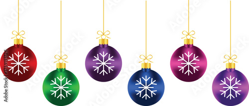 Colorful Christmas Baubles Hanging with Snowflake Design | Festive Holiday Ornament Vector Illustration