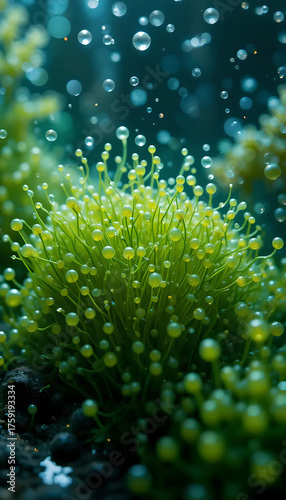 Underwater Green Algae with Bubbles