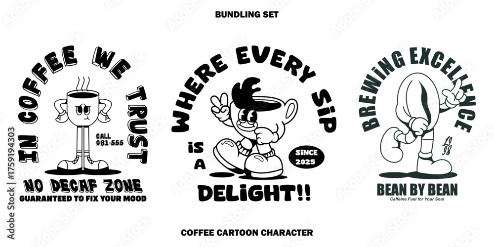 Fototapeta premium Bundling Set Funny cartoon character a coffee. Can be used as Sticker, posters, prints. Retro cartoon style. Vector illustration