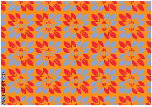 Floral pattern with red and blue leaves on an orange background.
