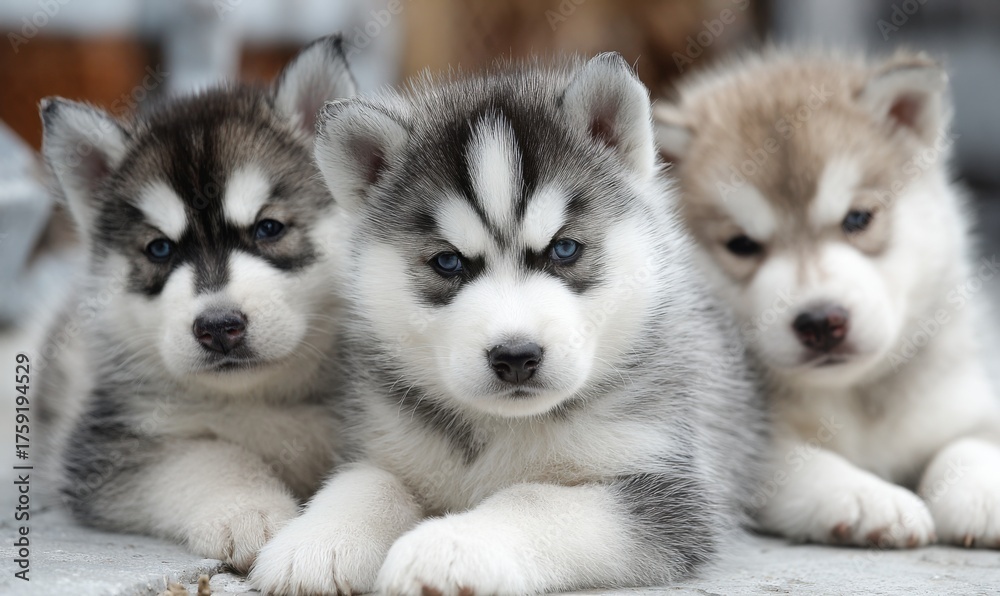 Obraz premium Adorable Husky Puppies - A Trio of Playful Furry Friends.