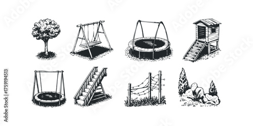 Playground equipment set with tree, swings, trampolines, and playhouse