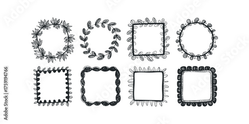 Collection of eight hand-drawn floral and ornamental borders