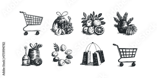 Hand drawn market cart, produce, and shopping bags collection